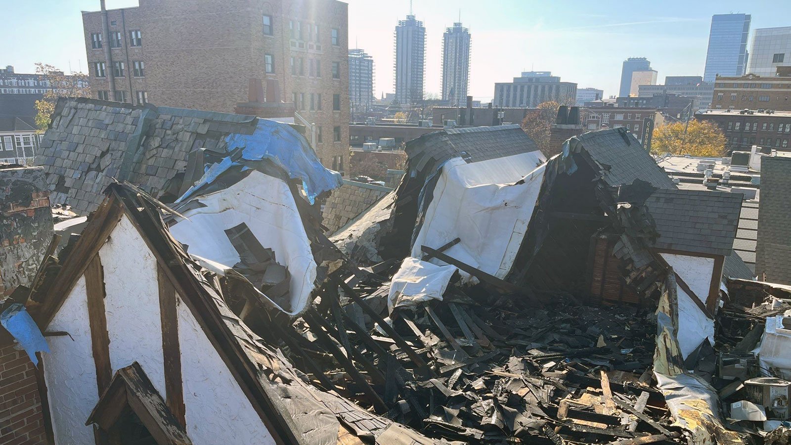 Burned and collapsed roof at Manchester Apts in Indianapolis