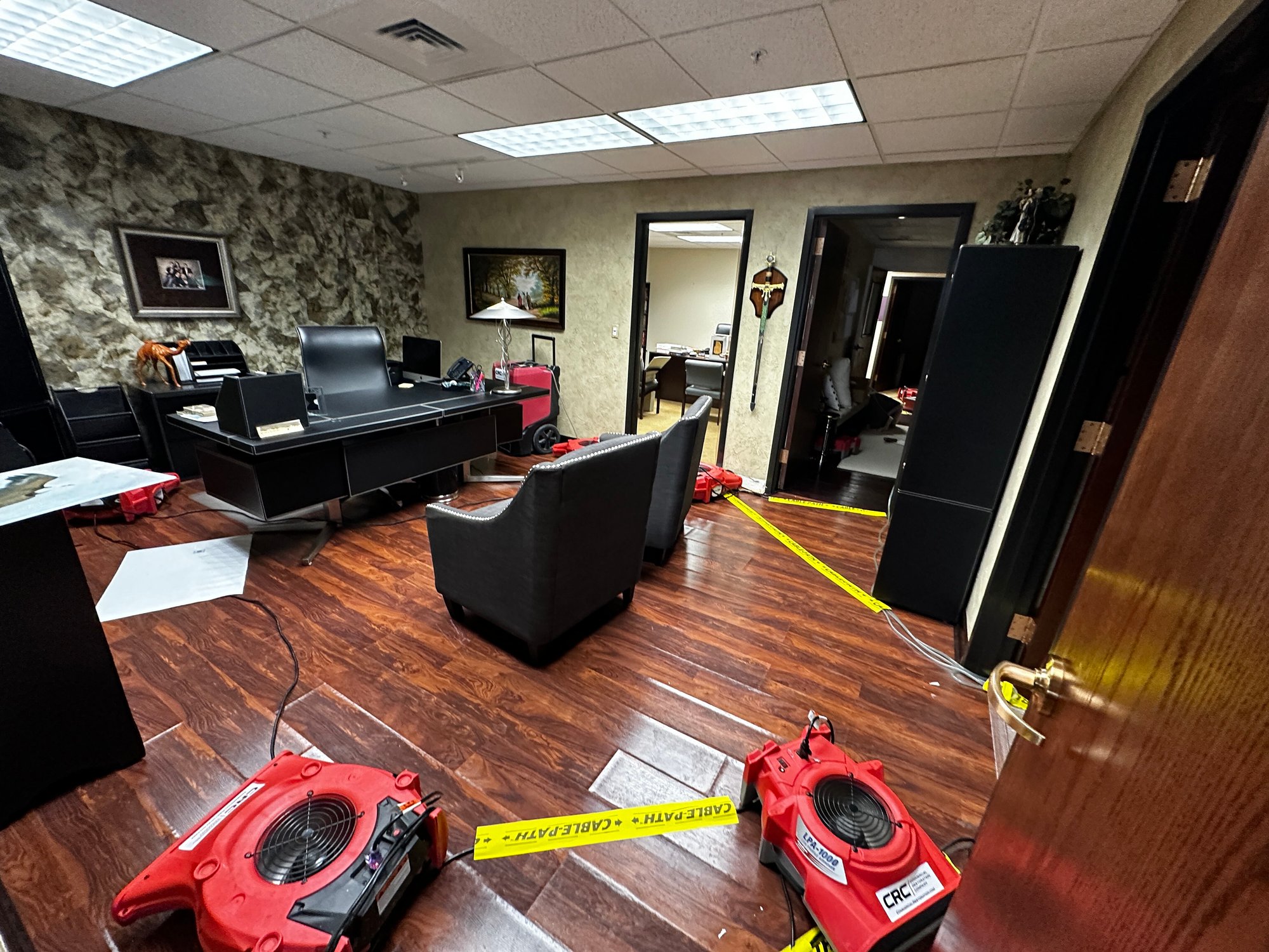 Image of church office space with restoration equipment to dry the space from water damage