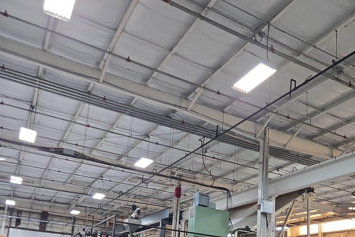 Ceiling of manufacturing facility damaged by hail
