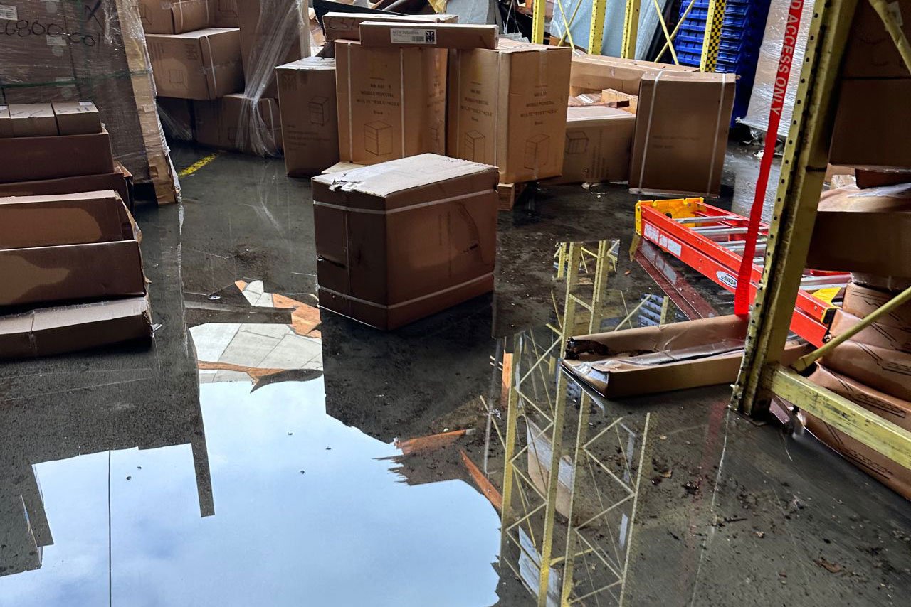 Water damage within warehouse. 