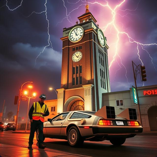 CRC Team in front of Clock Tower with DeLorean Time Machine