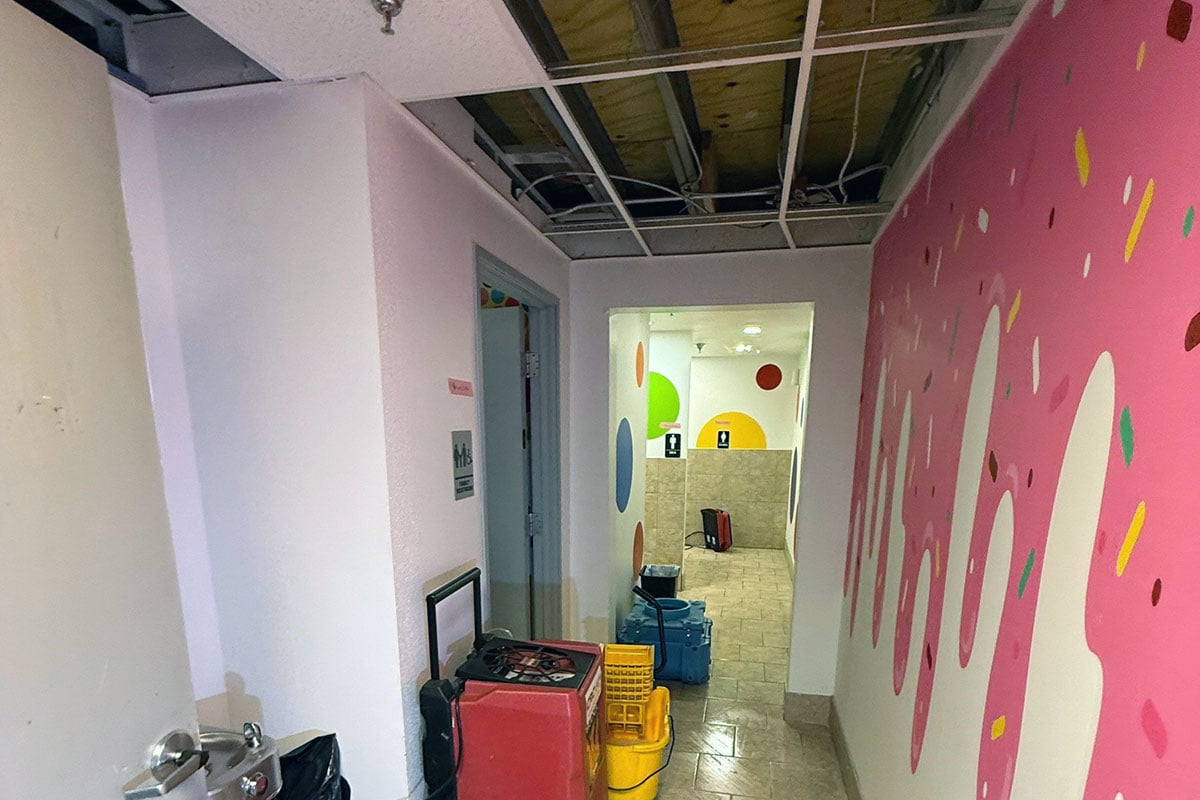 View of hallway into bathroom before full fire damage restoration.