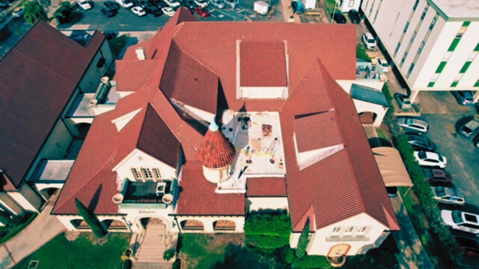 Aerial view of completed roof repairs.